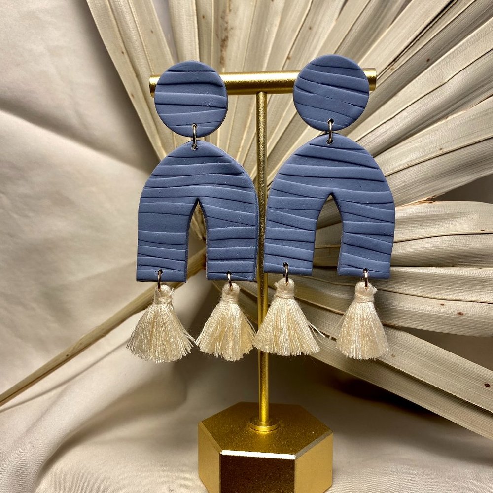 Textured Blue Polymer Clay Arch Earrings